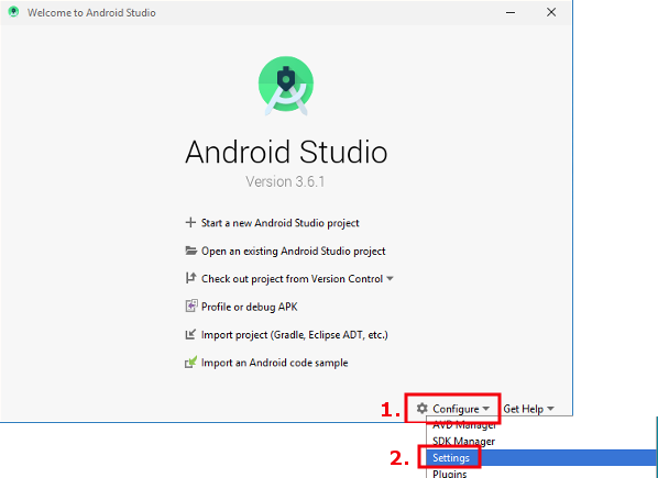 Paramètres Android Studio à partir de l'écran d'accueil