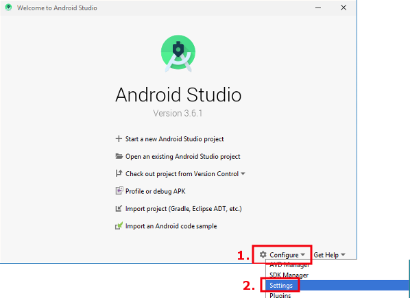 Einstellungen für Android Studio vom Willkommensbildschirm aus