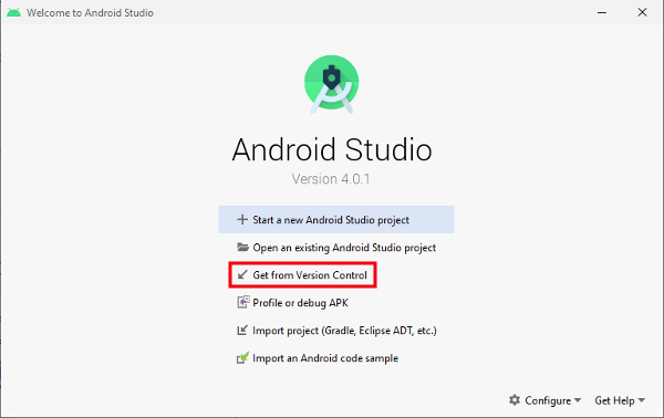 Check out project from version control vom Willkommensbildschirm