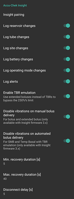 Pantalla de configuración de Insight